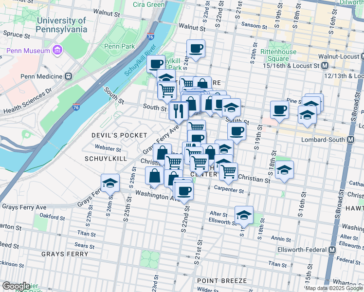 map of restaurants, bars, coffee shops, grocery stores, and more near 2230 Fitzwater Street in Philadelphia