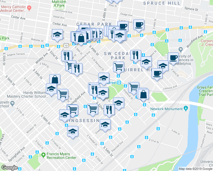 map of restaurants, bars, coffee shops, grocery stores, and more near 1123 Divinity Street in Philadelphia