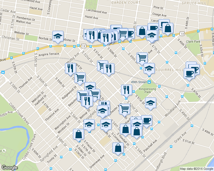 map of restaurants, bars, coffee shops, grocery stores, and more near in Philadelphia