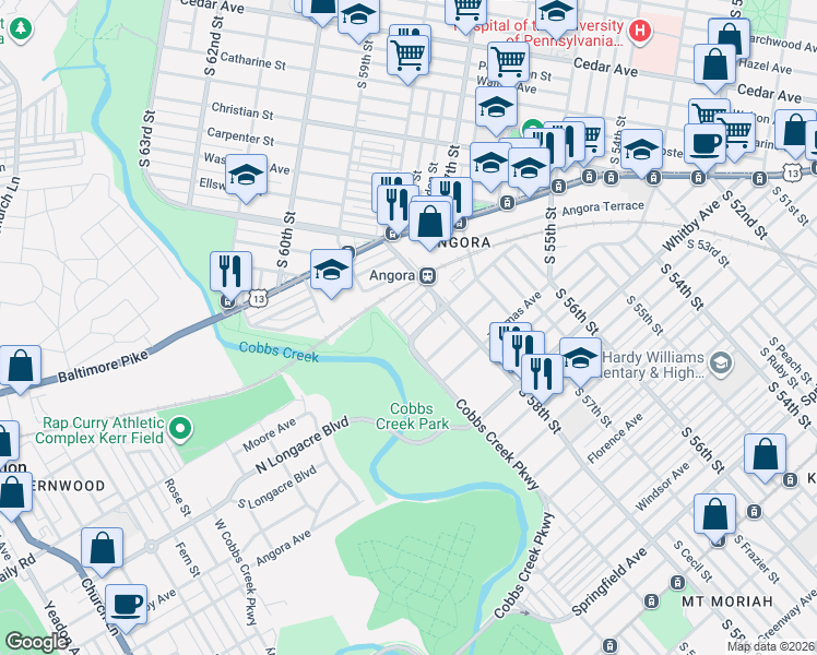 map of restaurants, bars, coffee shops, grocery stores, and more near 5857 Fernwood Street in Philadelphia
