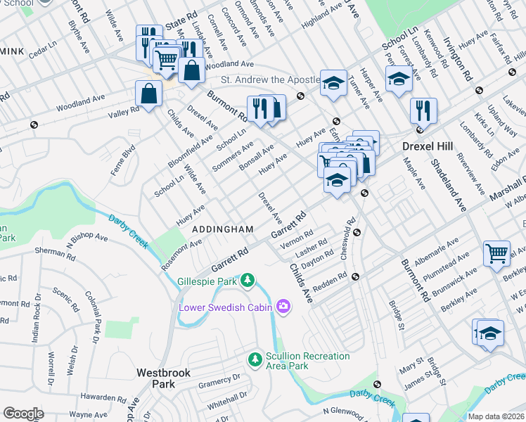 map of restaurants, bars, coffee shops, grocery stores, and more near 4028 Rosemont Avenue in Drexel Hill