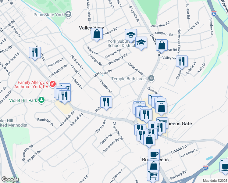 map of restaurants, bars, coffee shops, grocery stores, and more near 1847 Chesley Road in York