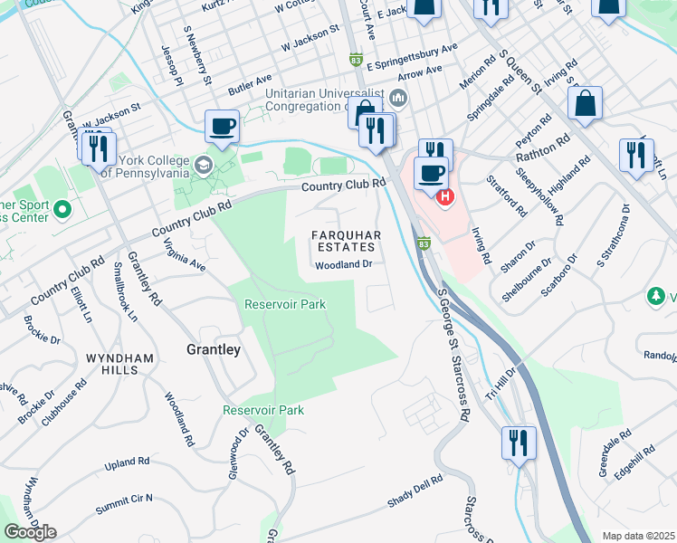 map of restaurants, bars, coffee shops, grocery stores, and more near 171 Woodland Drive in York