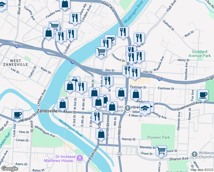 map of restaurants, bars, coffee shops, grocery stores, and more near 204 North 7th Street in Zanesville