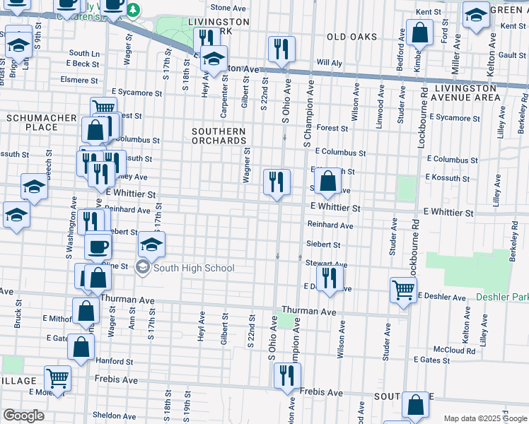 map of restaurants, bars, coffee shops, grocery stores, and more near in Columbus