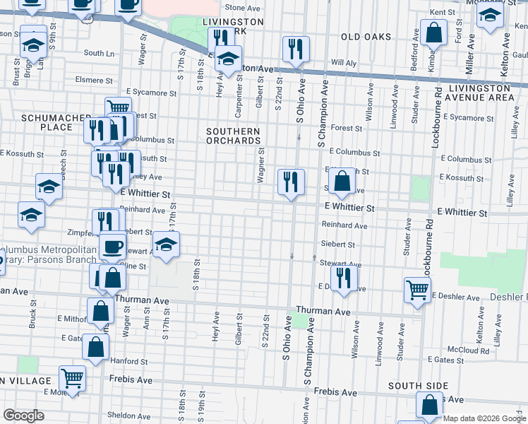 map of restaurants, bars, coffee shops, grocery stores, and more near 847 East Whittier Street in Columbus