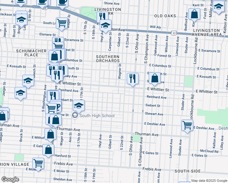 map of restaurants, bars, coffee shops, grocery stores, and more near 801 East Whittier Street in Columbus
