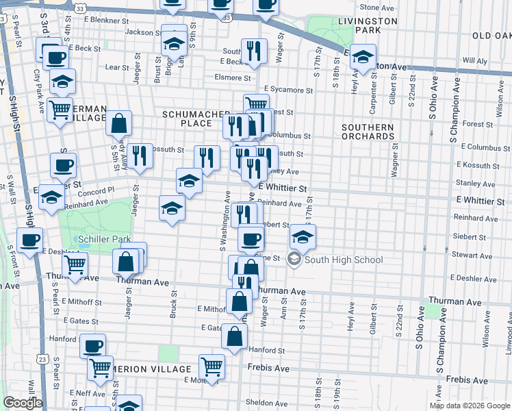 map of restaurants, bars, coffee shops, grocery stores, and more near 987 Parsons Avenue in Columbus