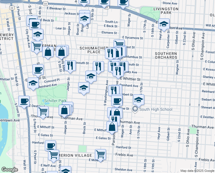 map of restaurants, bars, coffee shops, grocery stores, and more near 462 Reinhard Avenue in Columbus