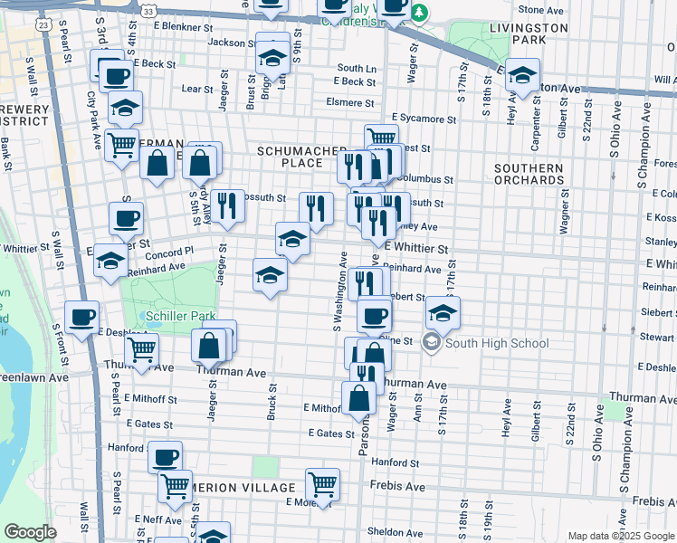 map of restaurants, bars, coffee shops, grocery stores, and more near 462 Reinhard Avenue in Columbus