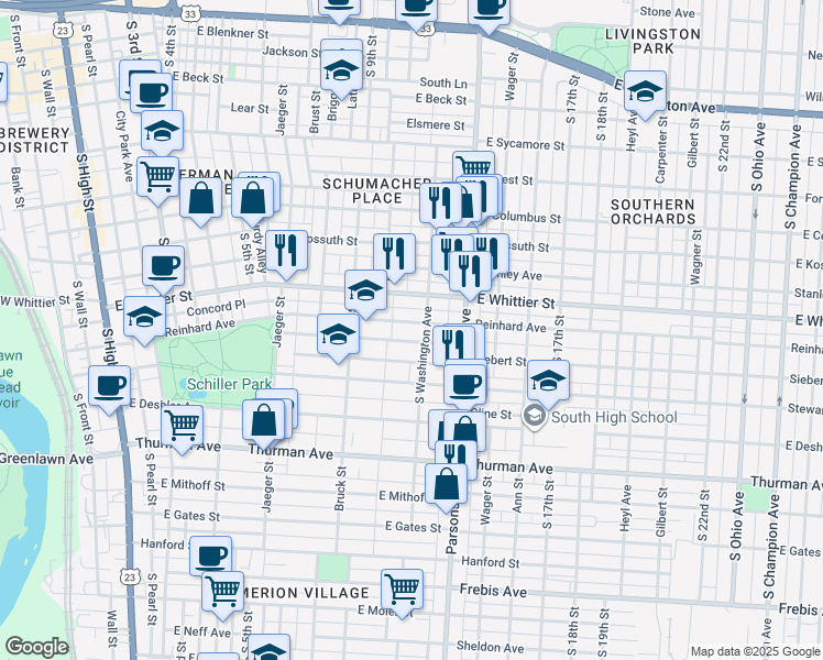 map of restaurants, bars, coffee shops, grocery stores, and more near 462 Reinhard Avenue in Columbus