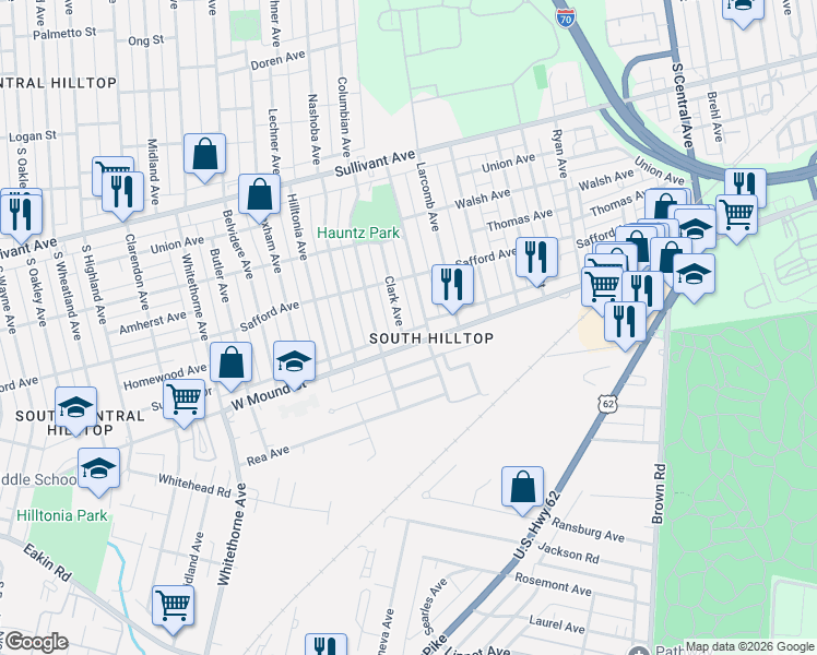 map of restaurants, bars, coffee shops, grocery stores, and more near 626 Clark Avenue in Columbus