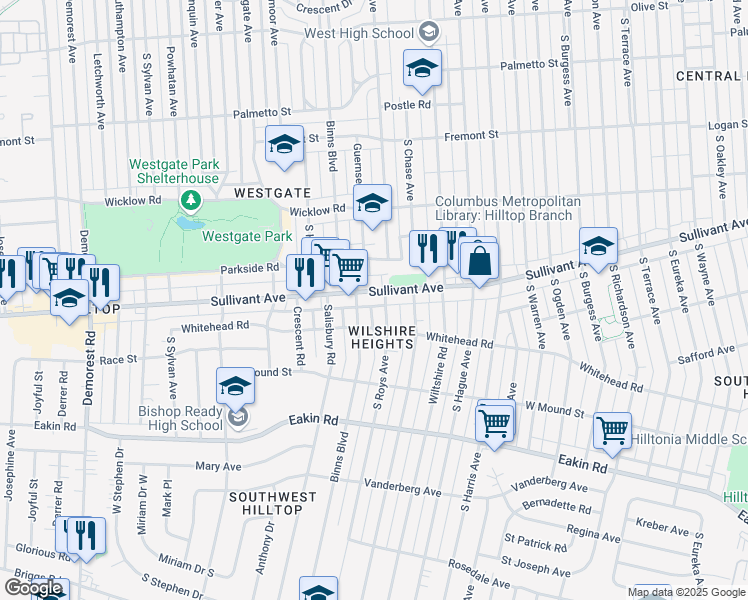 map of restaurants, bars, coffee shops, grocery stores, and more near 2955 Sullivant Avenue in Columbus