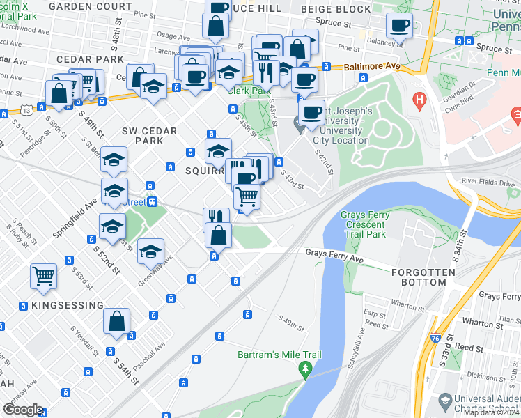 map of restaurants, bars, coffee shops, grocery stores, and more near 1333 South May Street in Philadelphia