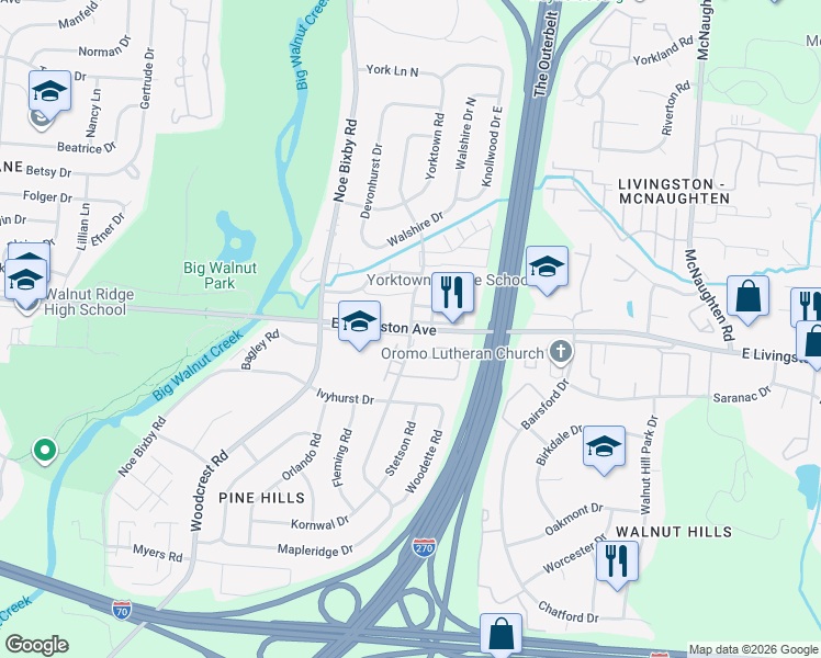 map of restaurants, bars, coffee shops, grocery stores, and more near E Livingston Ave & Lonsdale Rd in Columbus
