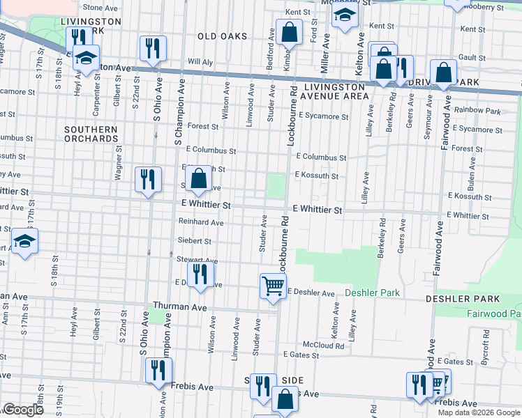 map of restaurants, bars, coffee shops, grocery stores, and more near 1077 Studer Avenue in Columbus