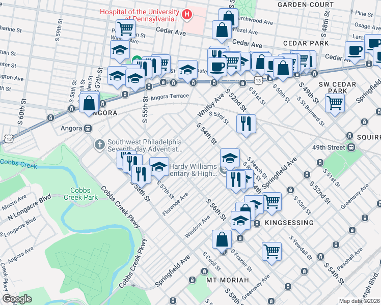 map of restaurants, bars, coffee shops, grocery stores, and more near 5435 Willows Avenue in Philadelphia
