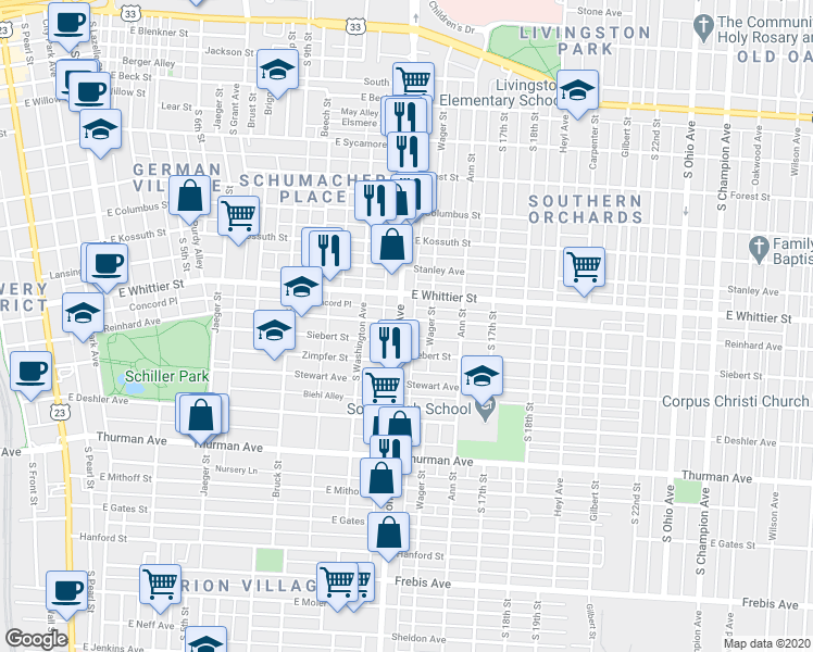 map of restaurants, bars, coffee shops, grocery stores, and more near 987 Parsons Avenue in Columbus
