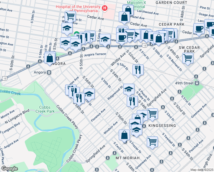 map of restaurants, bars, coffee shops, grocery stores, and more near 5503 Willows Avenue in Philadelphia
