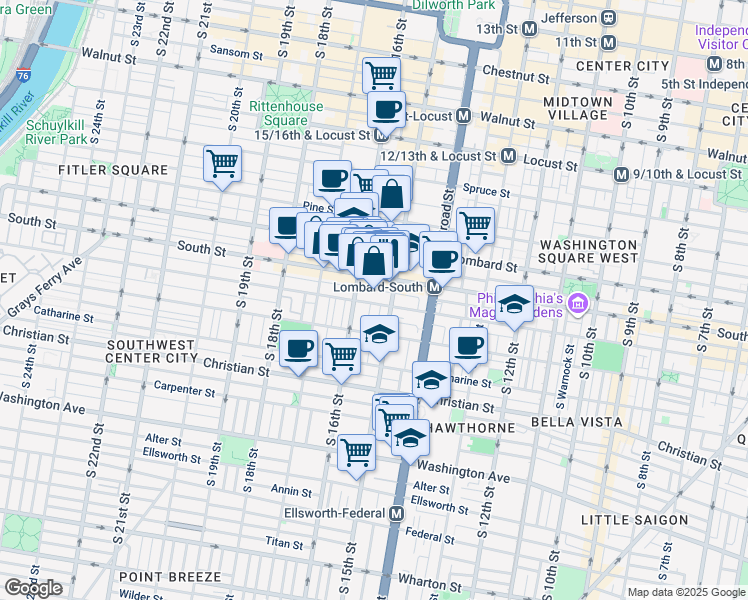 map of restaurants, bars, coffee shops, grocery stores, and more near 1521 Bainbridge Street in Philadelphia