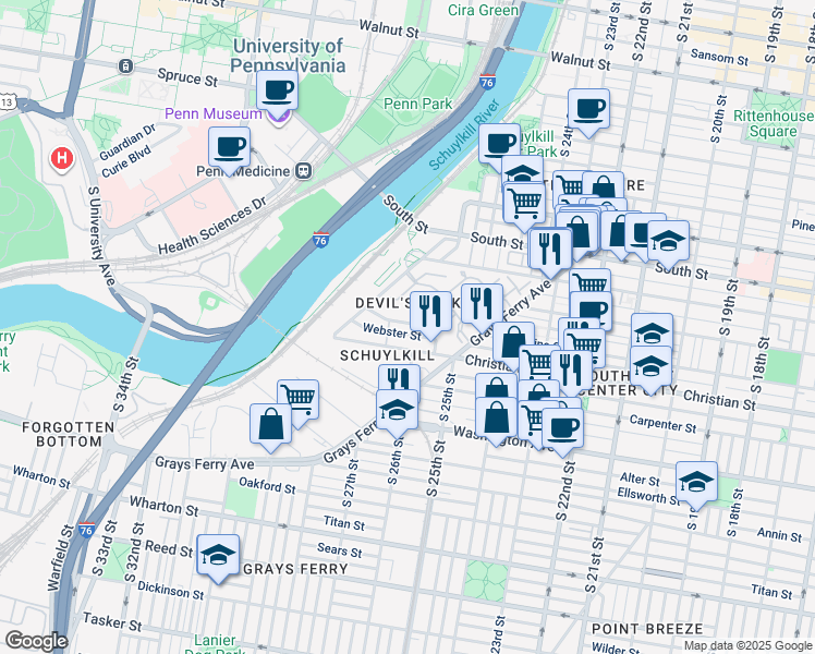map of restaurants, bars, coffee shops, grocery stores, and more near 2620 Catharine Street in Philadelphia