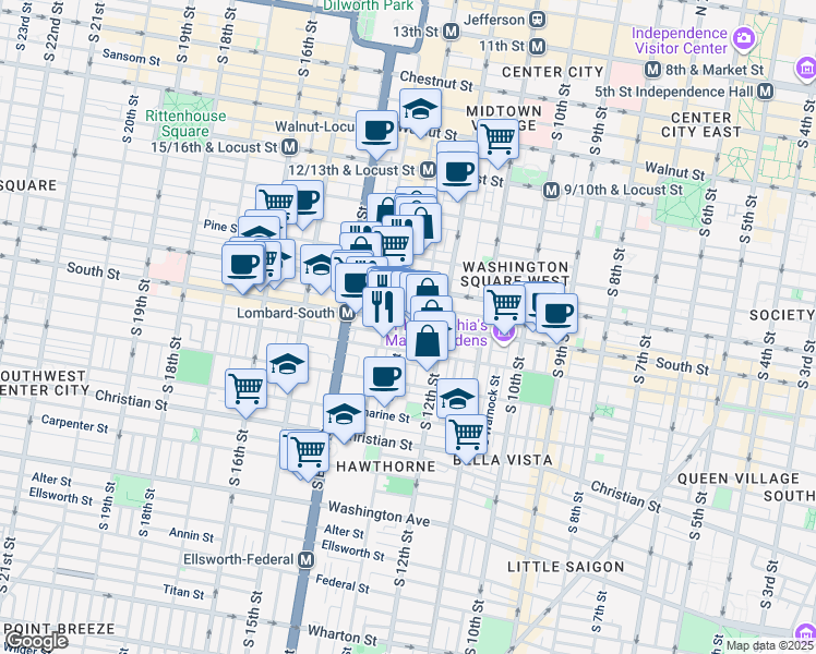 map of restaurants, bars, coffee shops, grocery stores, and more near 1240 South Street in Philadelphia
