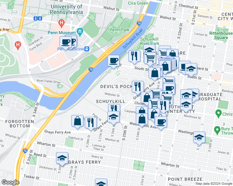 map of restaurants, bars, coffee shops, grocery stores, and more near 2620 Catharine Street in Philadelphia