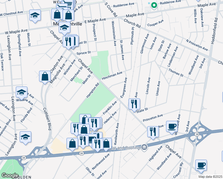 map of restaurants, bars, coffee shops, grocery stores, and more near 502 Chapel Avenue West in Cherry Hill