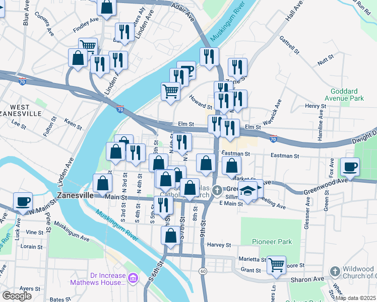 map of restaurants, bars, coffee shops, grocery stores, and more near 166 North 7th Street in Zanesville