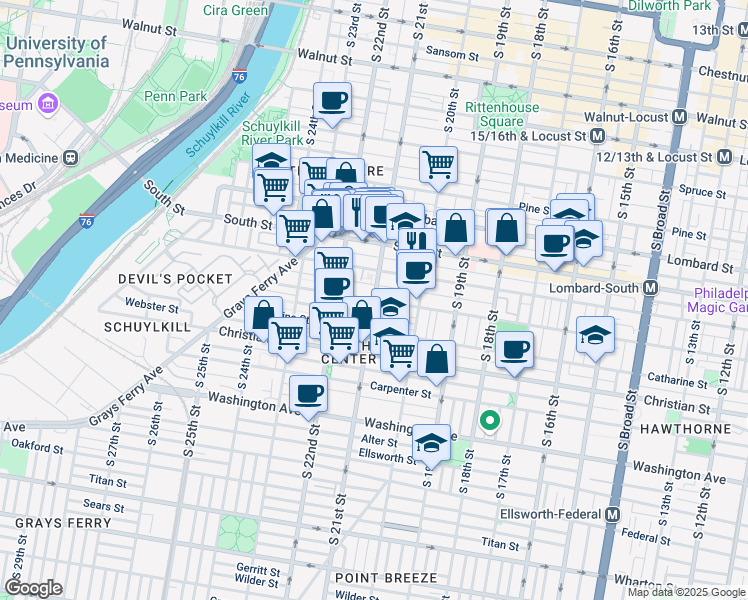 map of restaurants, bars, coffee shops, grocery stores, and more near South 21st Street & Fitzwater Street in Philadelphia