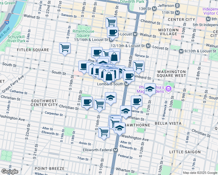 map of restaurants, bars, coffee shops, grocery stores, and more near 1521 Bainbridge Street in Philadelphia