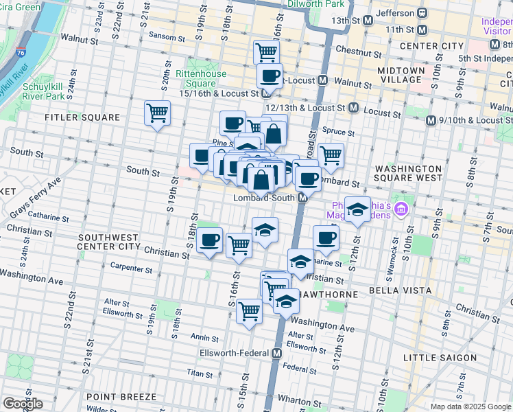 map of restaurants, bars, coffee shops, grocery stores, and more near 1531 Bainbridge Street in Philadelphia