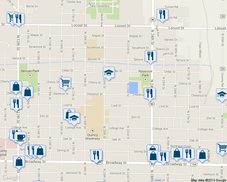map of restaurants, bars, coffee shops, grocery stores, and more near 2025 Chestnut Street in Quincy