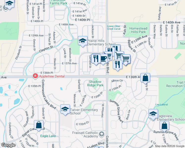 map of restaurants, bars, coffee shops, grocery stores, and more near 13608 Garfield Street in Thornton