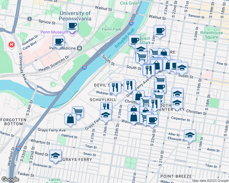 map of restaurants, bars, coffee shops, grocery stores, and more near 206 Captains Way in Philadelphia
