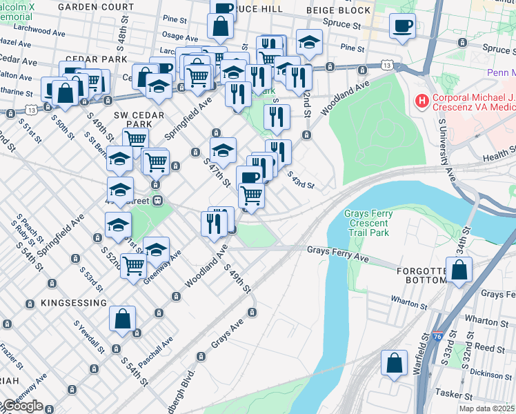 map of restaurants, bars, coffee shops, grocery stores, and more near 1318 South May Street in Philadelphia