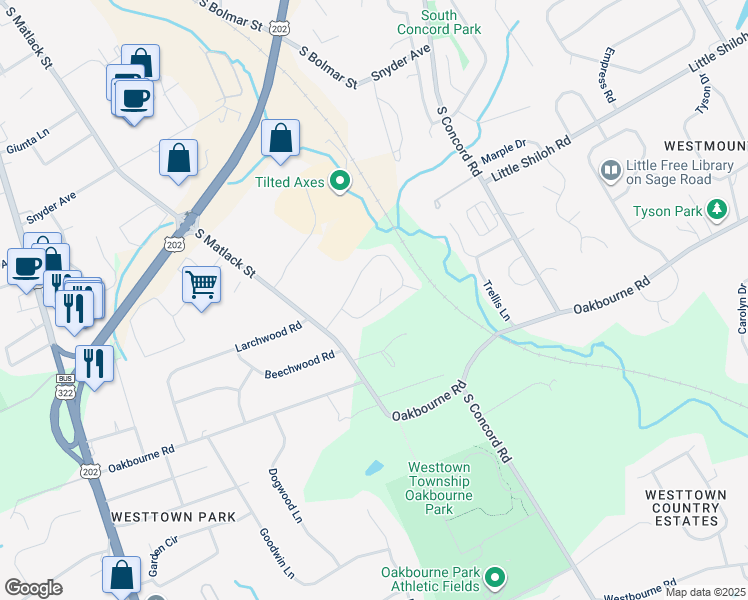 map of restaurants, bars, coffee shops, grocery stores, and more near 1549 South Coventry Lane in West Chester