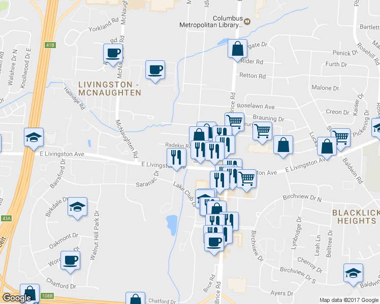 map of restaurants, bars, coffee shops, grocery stores, and more near 6041 Radekin Road in Columbus