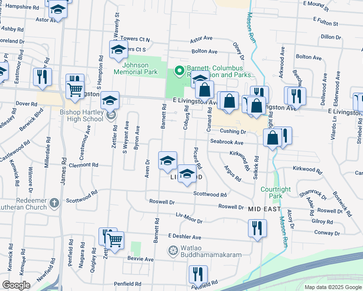 map of restaurants, bars, coffee shops, grocery stores, and more near 3393 Seabrook Avenue in Columbus