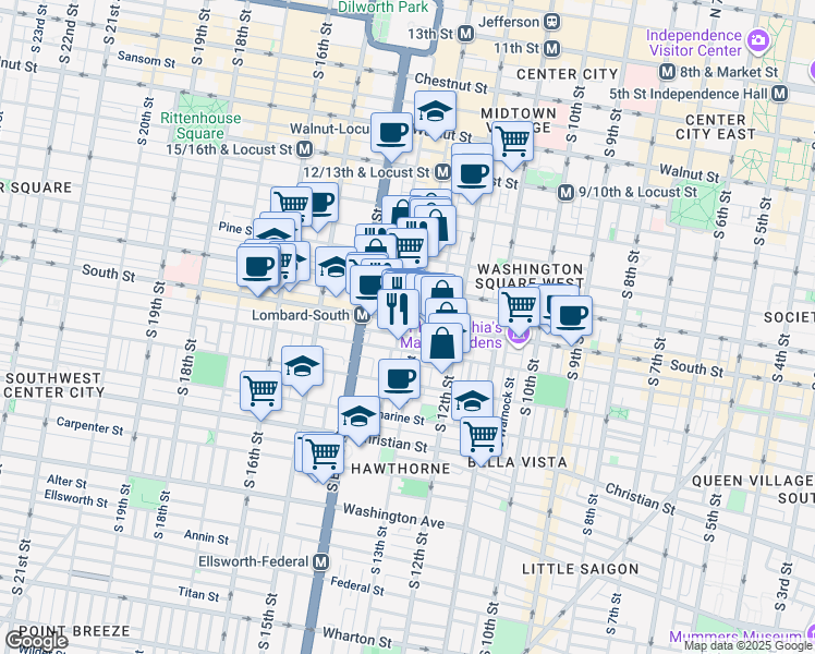 map of restaurants, bars, coffee shops, grocery stores, and more near 1310 South Street in Philadelphia