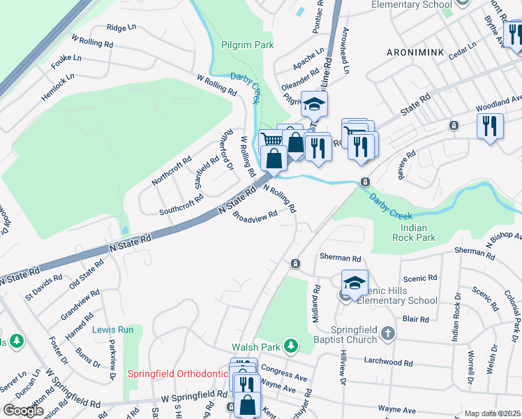 map of restaurants, bars, coffee shops, grocery stores, and more near 127 Broadview Road in Springfield