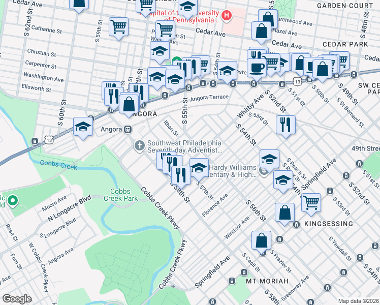 map of restaurants, bars, coffee shops, grocery stores, and more near 5634 Elliott Street in Philadelphia