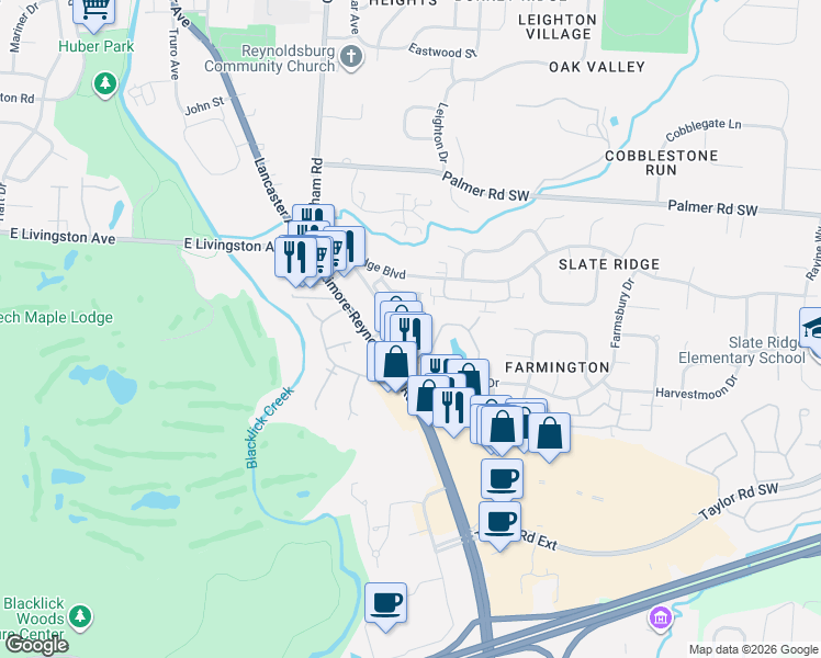 map of restaurants, bars, coffee shops, grocery stores, and more near 2048 Opal Street in Reynoldsburg