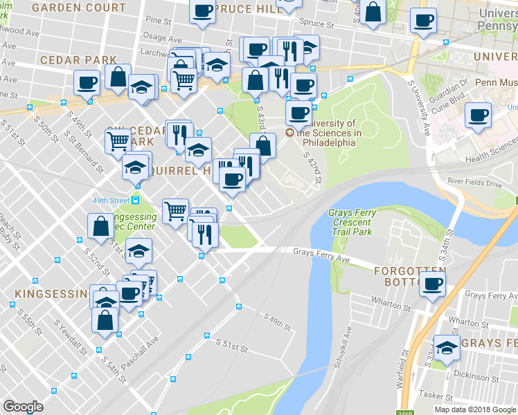 map of restaurants, bars, coffee shops, grocery stores, and more near 1349 South Markoe Street in Philadelphia