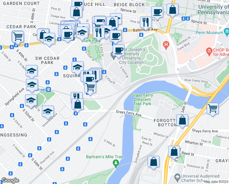 map of restaurants, bars, coffee shops, grocery stores, and more near 4512 Linmore Avenue in Philadelphia