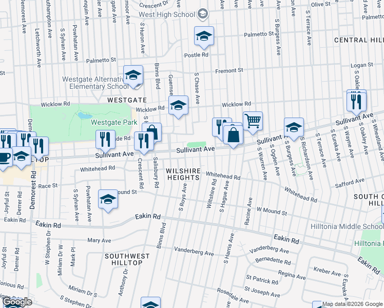 map of restaurants, bars, coffee shops, grocery stores, and more near 2909 Sullivant Avenue in Columbus