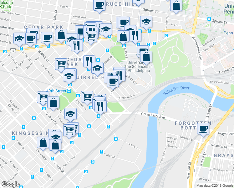 map of restaurants, bars, coffee shops, grocery stores, and more near 1318 South May Street in Philadelphia