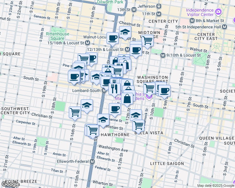 map of restaurants, bars, coffee shops, grocery stores, and more near 1306 South Street in Philadelphia