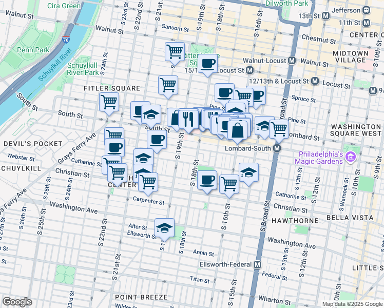 map of restaurants, bars, coffee shops, grocery stores, and more near 1811 Pemberton Street in Philadelphia