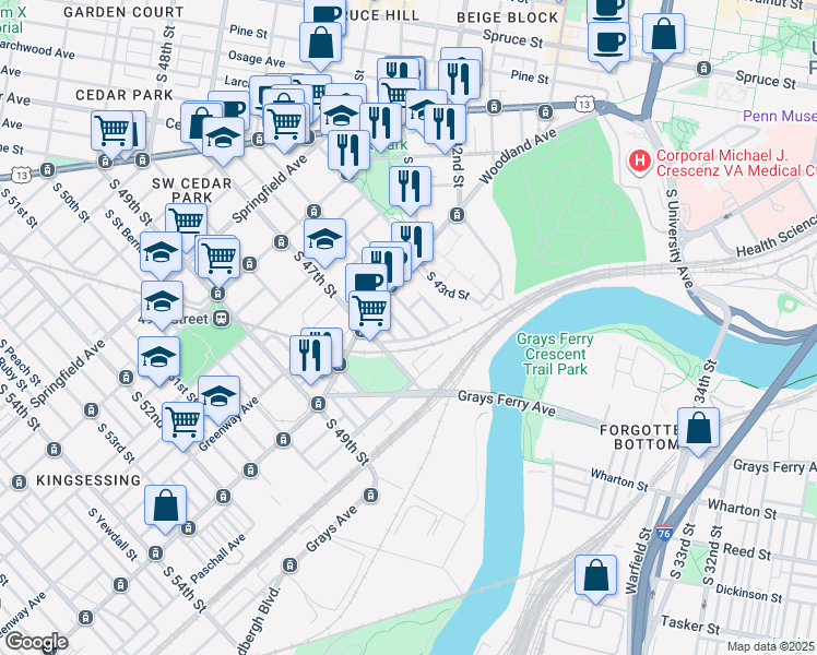 map of restaurants, bars, coffee shops, grocery stores, and more near 1349 South Markoe Street in Philadelphia